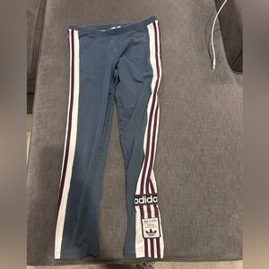 Adidas Women's Blue Leggings with White and Maroon Stripes